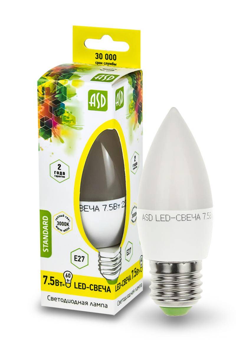 Лампа светодиодная ASD LED-СВЕЧА-standard-7.5-E14-3000